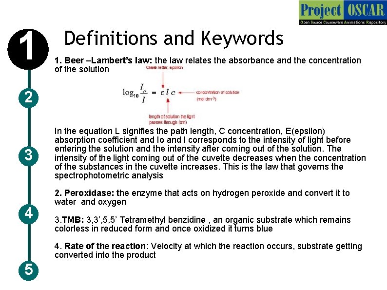 1 Definitions and Keywords 1. Beer –Lambert’s law: the law relates the absorbance and