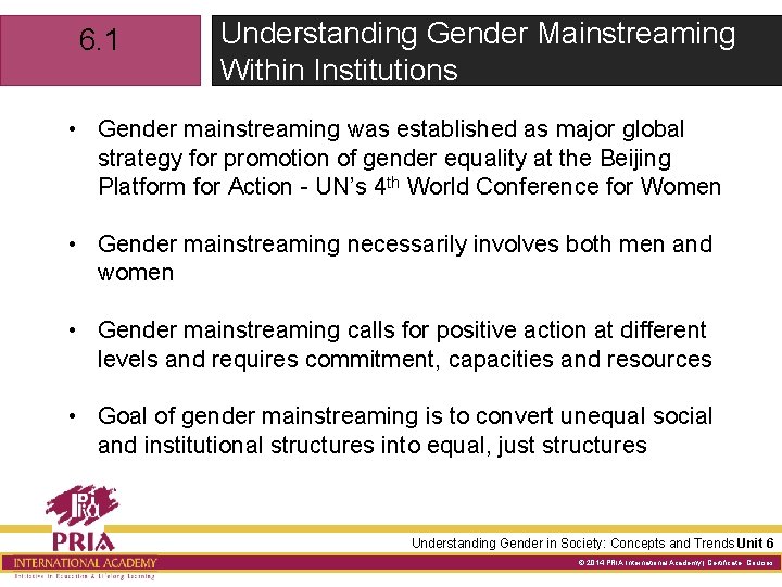 6. 1 Understanding Gender Mainstreaming Within Institutions • Gender mainstreaming was established as major