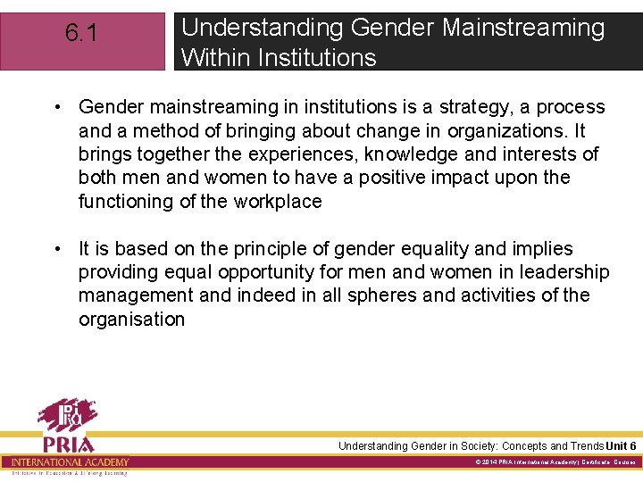 6. 1 Understanding Gender Mainstreaming Within Institutions • Gender mainstreaming in institutions is a
