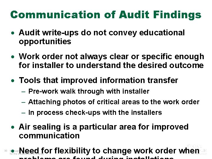 Communication of Audit Findings · Audit write-ups do not convey educational opportunities · Work