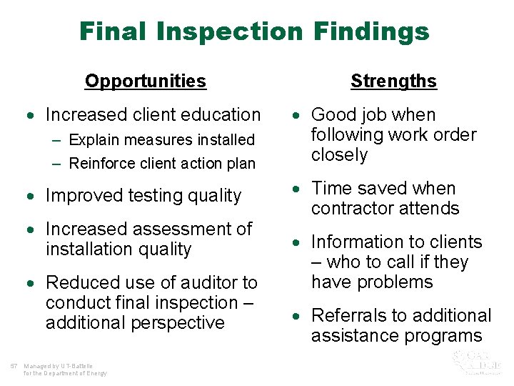 Final Inspection Findings Opportunities · Increased client education – Explain measures installed – Reinforce