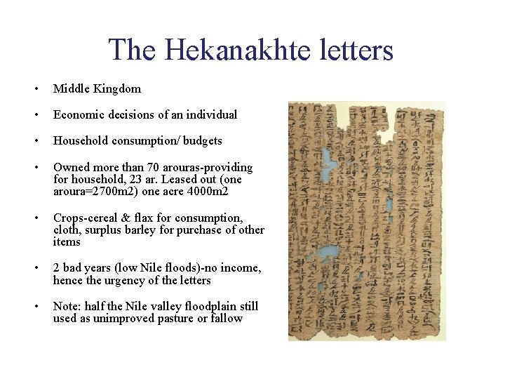 The Hekanakhte letters • Middle Kingdom • Economic decisions of an individual • Household