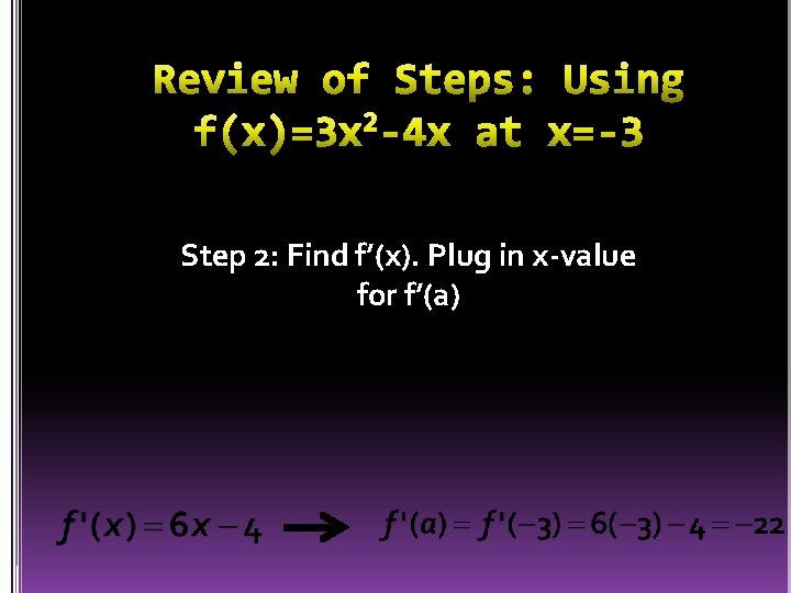 Step 2: Find f’(x). Plug in x-value for f’(a) 