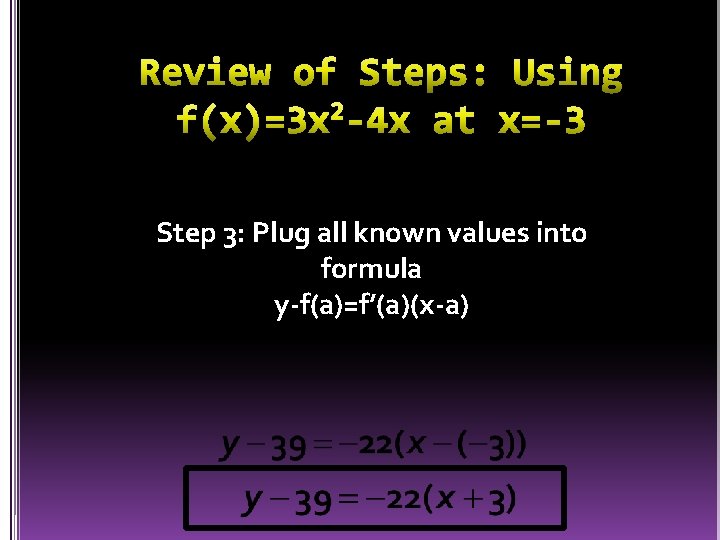 Step 3: Plug all known values into formula y-f(a)=f’(a)(x-a) 
