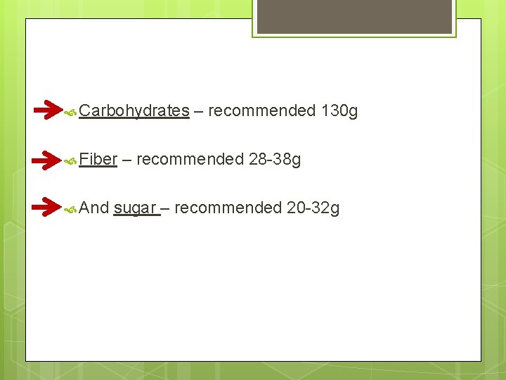  Carbohydrates Fiber And – recommended 130 g – recommended 28 -38 g sugar