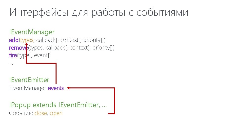 Интерфейсы для работы с событиями IEvent. Manager add(types, callback[, context[, priority]]) remove(types, callback[, context[,