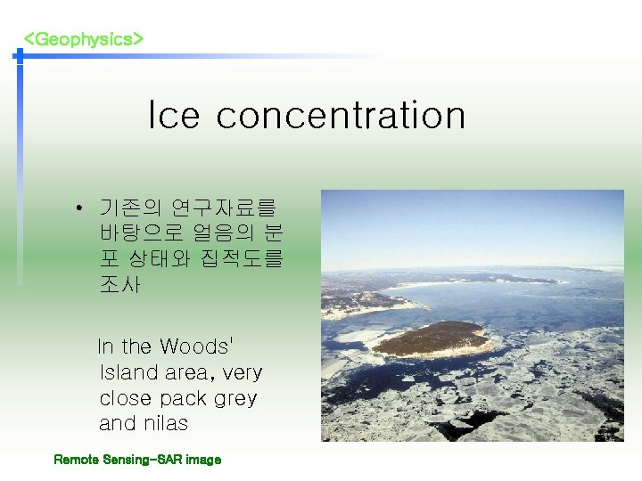 <Geophysics> Ice concentration • 기존의 연구자료를 바탕으로 얼음의 분 포 상태와 집적도를 조사 In