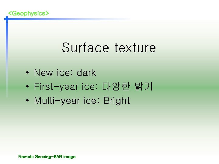 <Geophysics> Surface texture • New ice: dark • First-year ice: 다양한 밝기 • Multi-year