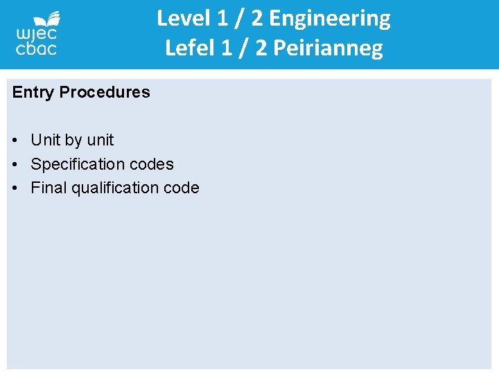 Level 1 / 2 Engineering Lefel 1 / 2 Peirianneg Entry Procedures • Unit