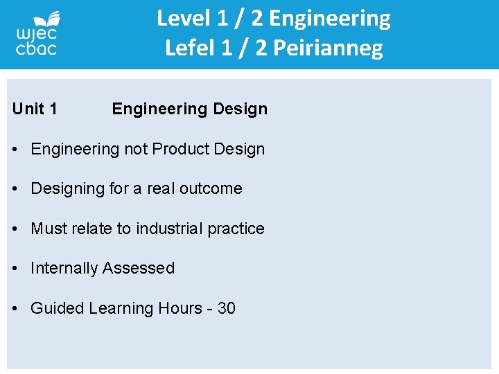 Level 1 / 2 Engineering Lefel 1 / 2 Peirianneg Unit 1 Engineering Design