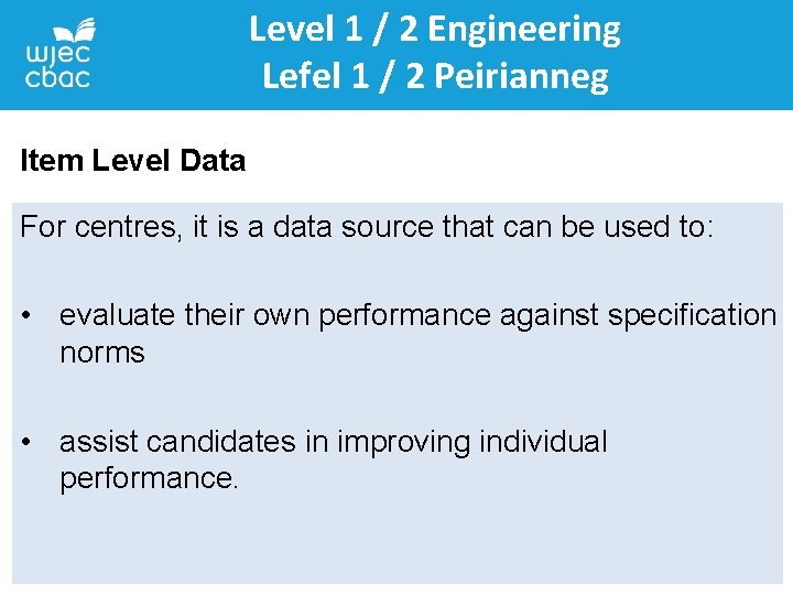 Level 1 / 2 Engineering Lefel 1 / 2 Peirianneg Item Level Data For