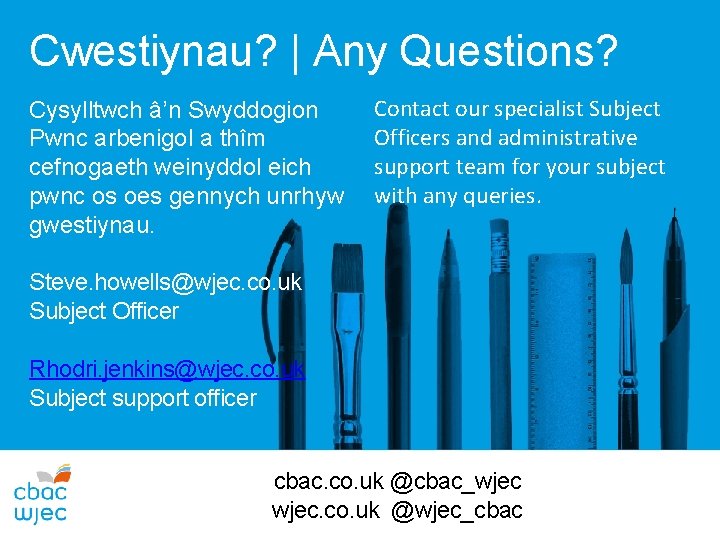 Cwestiynau? | Any Questions? Cysylltwch â’n Swyddogion Pwnc arbenigol a thîm cefnogaeth weinyddol eich