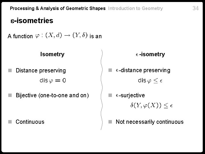 Processing & Analysis of Geometric Shapes Introduction to Geometry -isometries A function is an