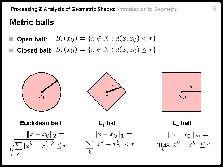 Processing & Analysis of Geometric Shapes Introduction to Geometry Metric balls n Open ball: