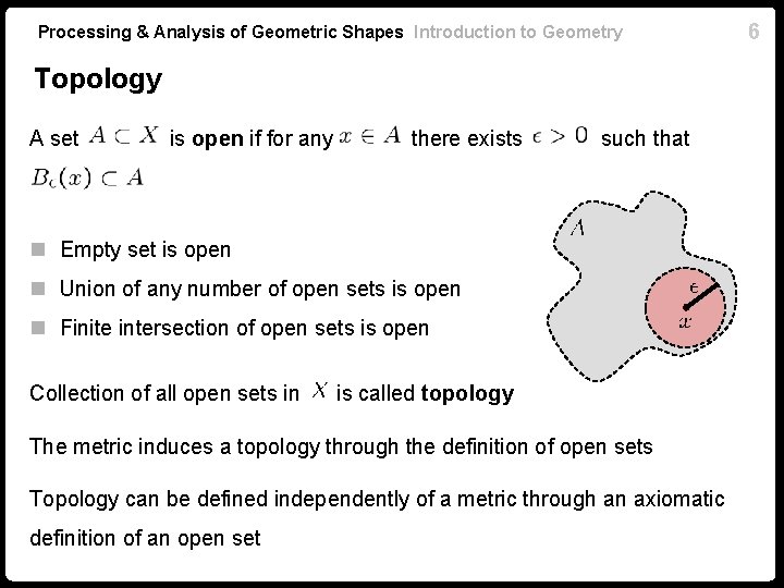 Processing & Analysis of Geometric Shapes Introduction to Geometry Topology A set is open