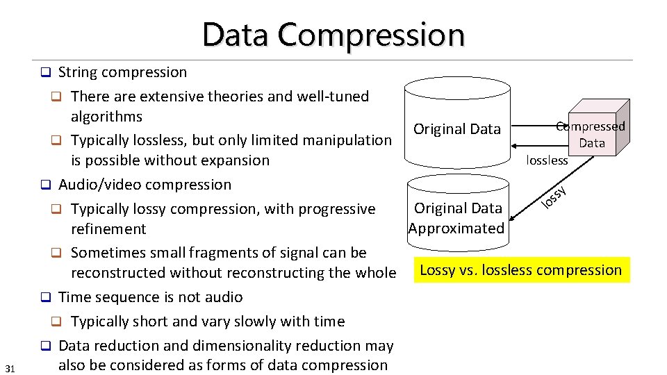 Data Compression String compression q There are extensive theories and well-tuned algorithms Compressed Original