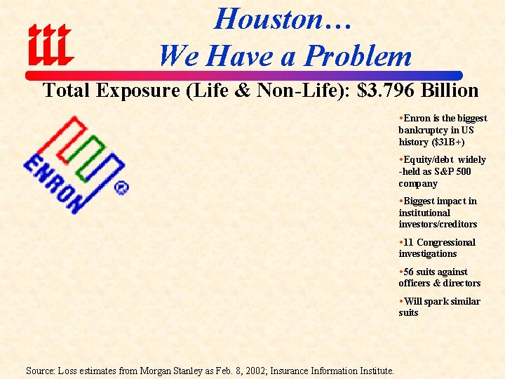 Houston… We Have a Problem Total Exposure (Life & Non-Life): $3. 796 Billion Enron