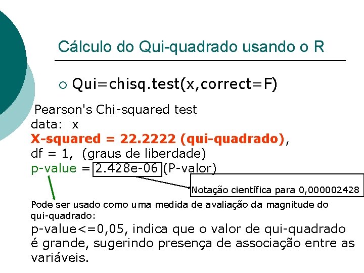 Cálculo do Qui-quadrado usando o R ¡ Qui=chisq. test(x, correct=F) Pearson's Chi-squared test data: