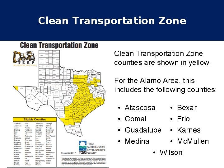 Clean Transportation Zone counties are shown in yellow. For the Alamo Area, this includes