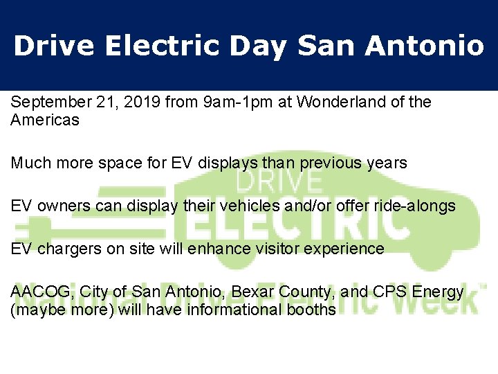 Drive Electric Day San Antonio September 21, 2019 from 9 am-1 pm at Wonderland