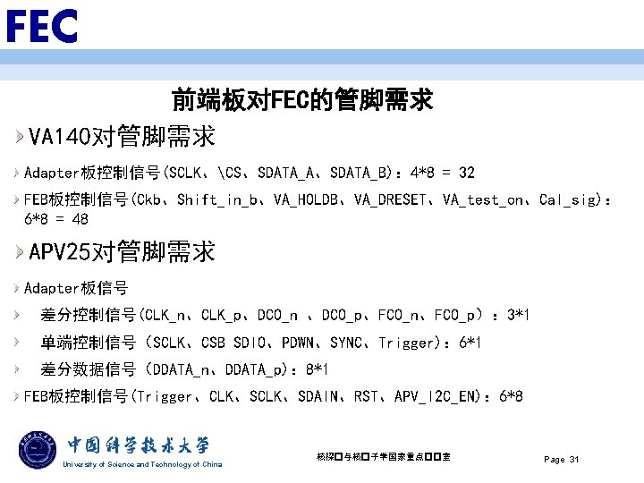 FEC 前端板对FEC的管脚需求 VA 140对管脚需求 Adapter板控制信号(SCLK、CS、SDATA_A、SDATA_B)： 4*8 = 32 FEB板控制信号(Ckb、Shift_in_b、VA_HOLDB、VA_DRESET、VA_test_on、Cal_sig)： 6*8 = 48 APV 25对管脚需求