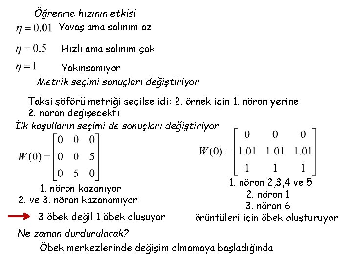 Öğrenme hızının etkisi Yavaş ama salınım az Hızlı ama salınım çok Yakınsamıyor Metrik seçimi