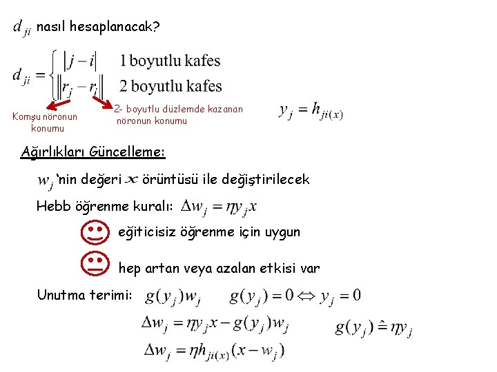 nasıl hesaplanacak? Komşu nöronun konumu 2 - boyutlu düzlemde kazanan nöronun konumu Ağırlıkları Güncelleme: