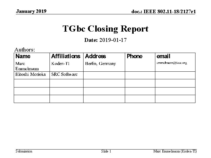 January 2019 doc. : IEEE 802. 11 -18/2127 r 1 TGbc Closing Report Date: