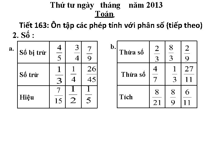 Thứ tư ngày tháng năm 2013 Toán: Tiết 163: Ôn tập các phép tính