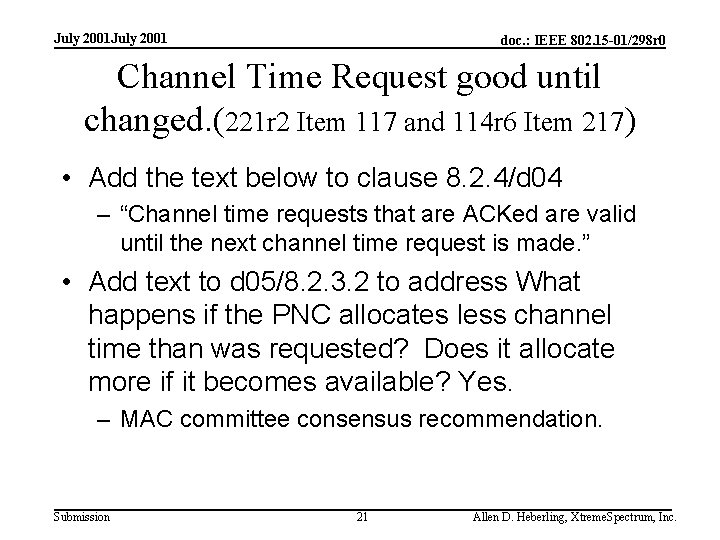 July 2001 doc. : IEEE 802. 15 -01/298 r 0 Channel Time Request good