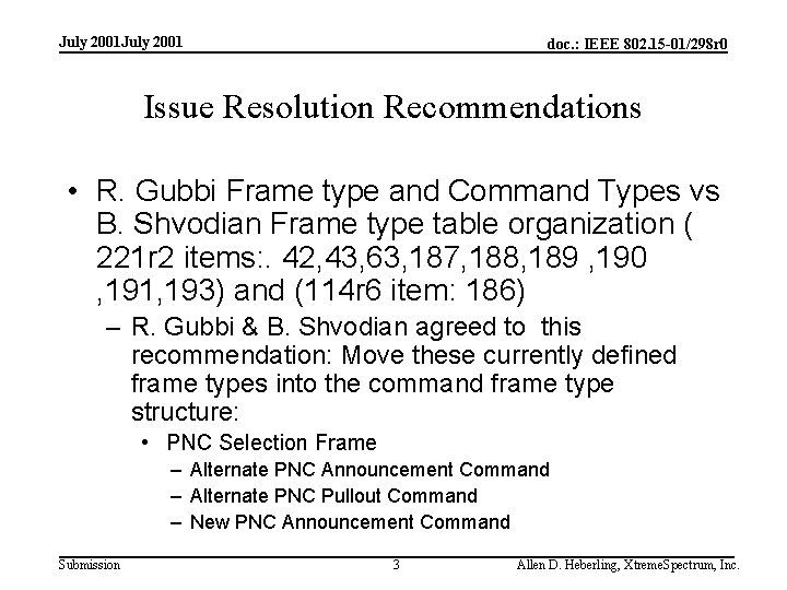 July 2001 doc. : IEEE 802. 15 -01/298 r 0 Issue Resolution Recommendations •