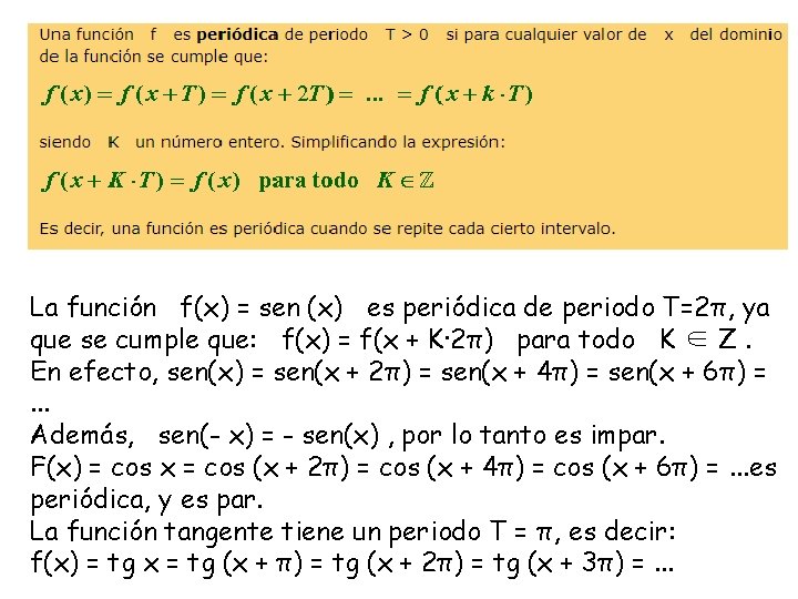 La función f(x) = sen (x) es periódica de periodo T=2π, ya que se