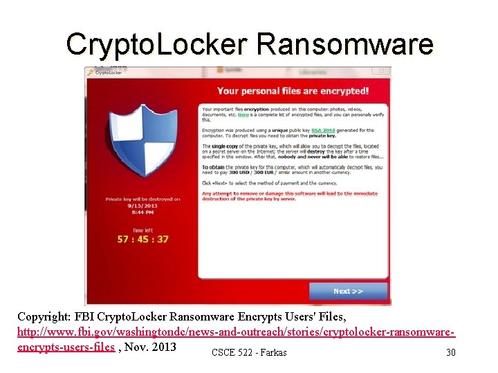 Crypto. Locker Ransomware Copyright: FBI Crypto. Locker Ransomware Encrypts Users' Files, http: //www. fbi.