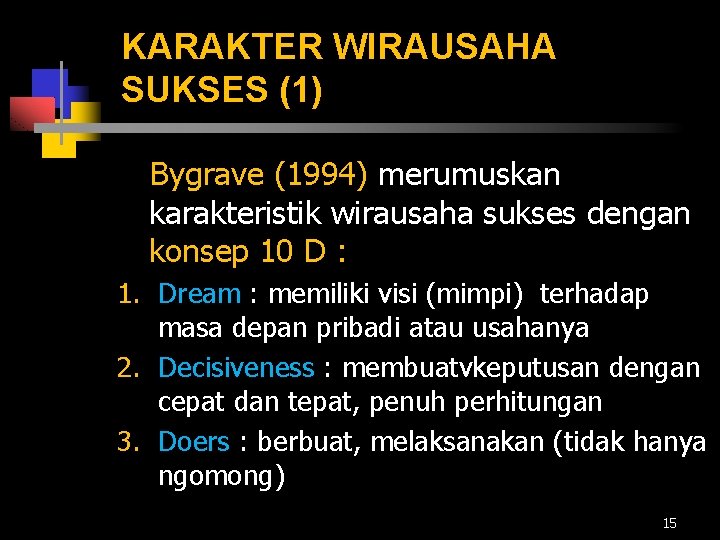 KARAKTER WIRAUSAHA SUKSES (1) Bygrave (1994) merumuskan karakteristik wirausaha sukses dengan konsep 10 D