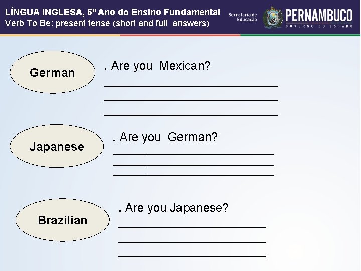 LÍNGUA INGLESA, 6º Ano do Ensino Fundamental Verb To Be: present tense (short and