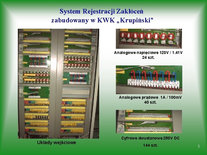 System Rejestracji Zakłóceń zabudowany w KWK „Krupiński” Analogowe napięciowe 120 V / 1. 41