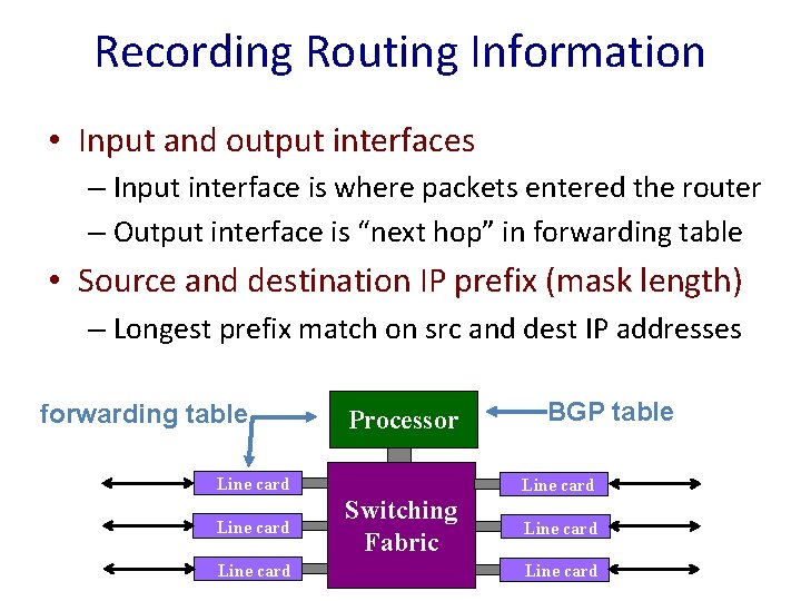 Recording Routing Information • Input and output interfaces – Input interface is where packets