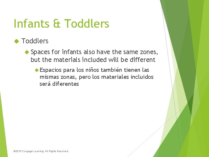 Infants & Toddlers Spaces for infants also have the same zones, but the materials