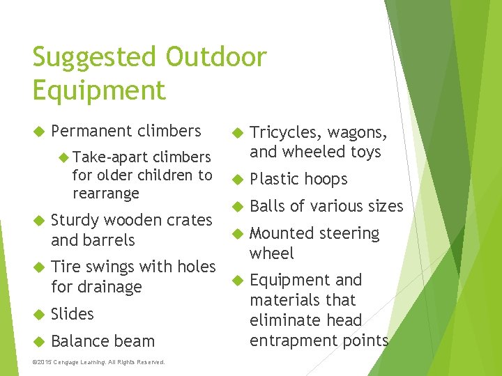 Suggested Outdoor Equipment Permanent climbers for older children to rearrange Tricycles, wagons, and wheeled