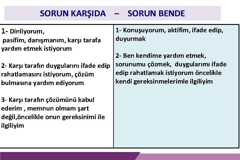 SORUN KARŞIDA – SORUN BENDE 1 - Dinliyorum, pasifim, danışmanım, karşı tarafa yardım etmek