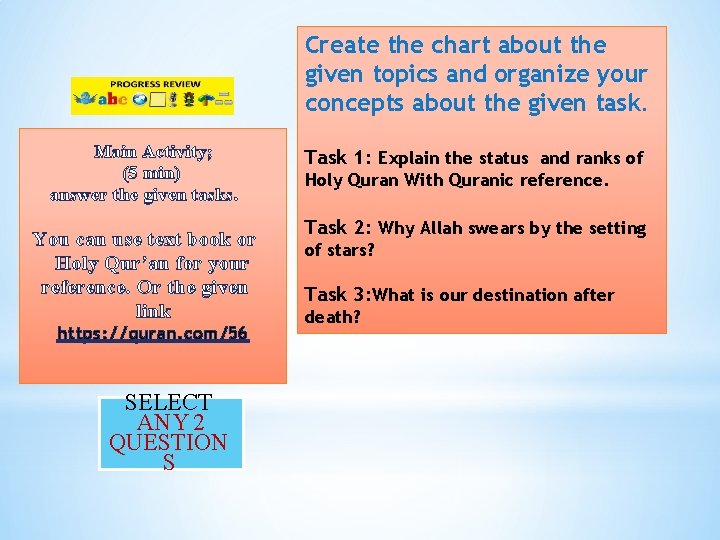 Create the chart about the given topics and organize your concepts about the given