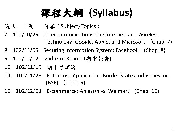 課程大綱 (Syllabus) 週次 日期 內容（Subject/Topics） 7 102/10/29 Telecommunications, the Internet, and Wireless Technology: Google,