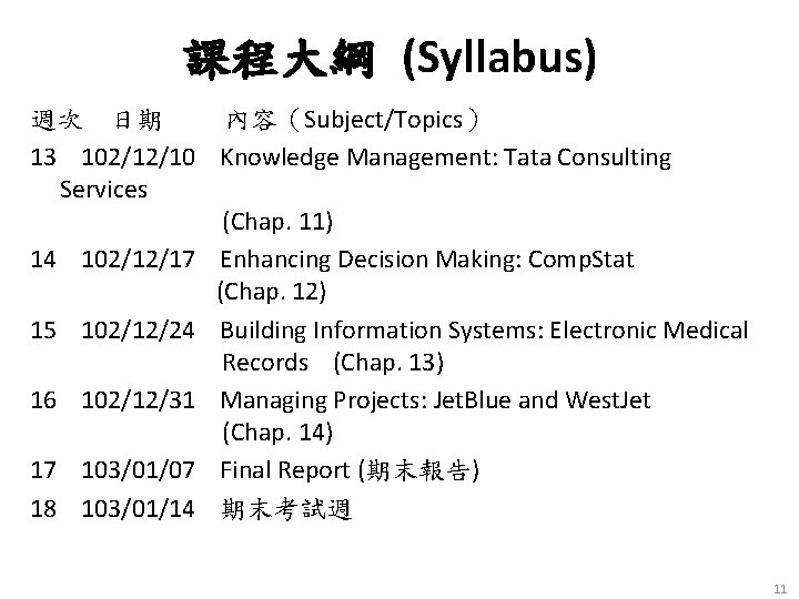 課程大綱 (Syllabus) 週次 日期 內容（Subject/Topics） 13 102/12/10 Knowledge Management: Tata Consulting Services (Chap. 11)