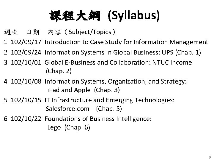 課程大綱 (Syllabus) 週次 日期 1 102/09/17 2 102/09/24 3 102/10/01 內容（Subject/Topics） Introduction to Case