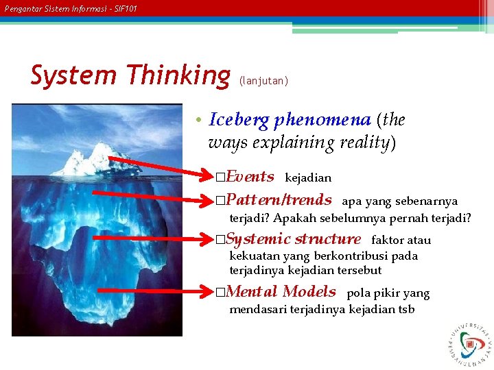 Pengantar Sistem Informasi – SIF 101 System Thinking (lanjutan) • Iceberg phenomena (the ways