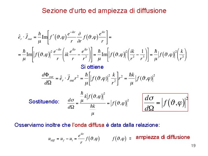 Sezione d’urto ed ampiezza di diffusione Si ottiene Sostituendo: Osserviamo inoltre che l’onda diffusa