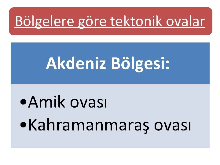 Bölgelere göre tektonik ovalar Akdeniz Bölgesi: • Amik ovası • Kahramanmaraş ovası Bölgelere göre tektonik ovalar Akdeniz Bölgesi: • Amik ovası • Kahramanmaraş ovası