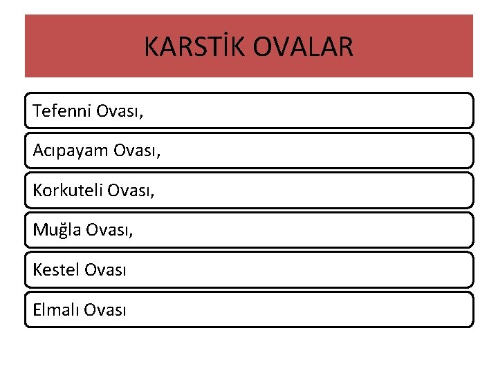 KARSTİK OVALAR Tefenni Ovası, Acıpayam Ovası, Korkuteli Ovası, Muğla Ovası, Kestel Ovası Elmalı Ovası KARSTİK OVALAR Tefenni Ovası, Acıpayam Ovası, Korkuteli Ovası, Muğla Ovası, Kestel Ovası Elmalı Ovası