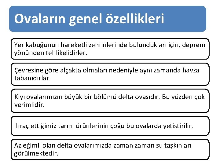 Ovaların genel özellikleri Yer kabuğunun hareketli zeminlerinde bulundukları için, deprem yönünden tehlikelidirler. Çevresine göre Ovaların genel özellikleri Yer kabuğunun hareketli zeminlerinde bulundukları için, deprem yönünden tehlikelidirler. Çevresine göre