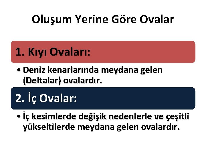 Oluşum Yerine Göre Ovalar 1. Kıyı Ovaları: • Deniz kenarlarında meydana gelen (Deltalar) ovalardır. Oluşum Yerine Göre Ovalar 1. Kıyı Ovaları: • Deniz kenarlarında meydana gelen (Deltalar) ovalardır.